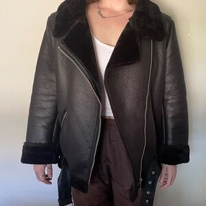 Zara Black Faux Leather Shearling Fur Double Faced Biker Jacket Aviator Coat XXL